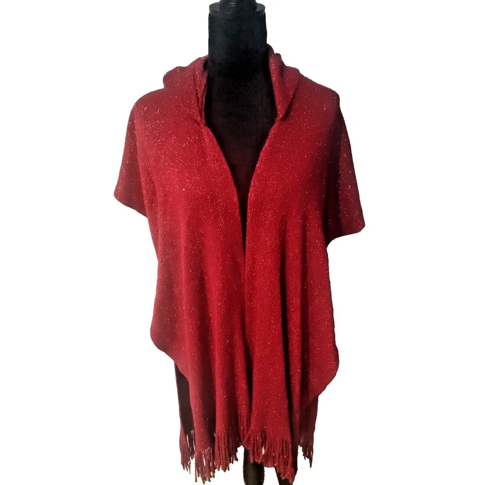 Women's Red Poncho Hooded‎ Knit Shawl whit Ruffle.